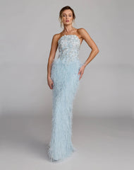 Blue Embellished Strapless Feather Gown