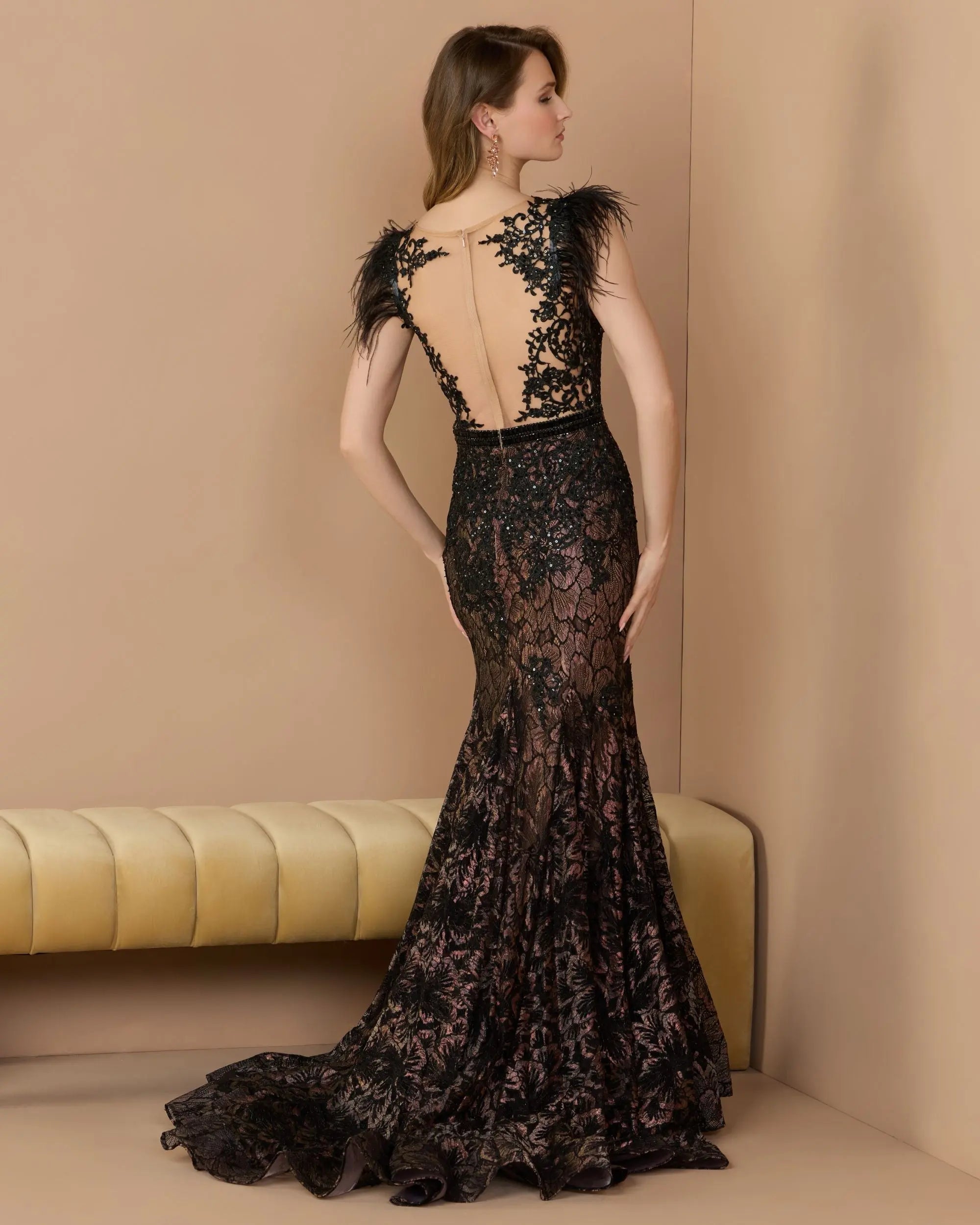 Black Embellished Lace High Neck Gown With Feather Sleeves