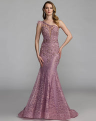 Pink Embellished Lace One Shoulder Gown With Feather Detail