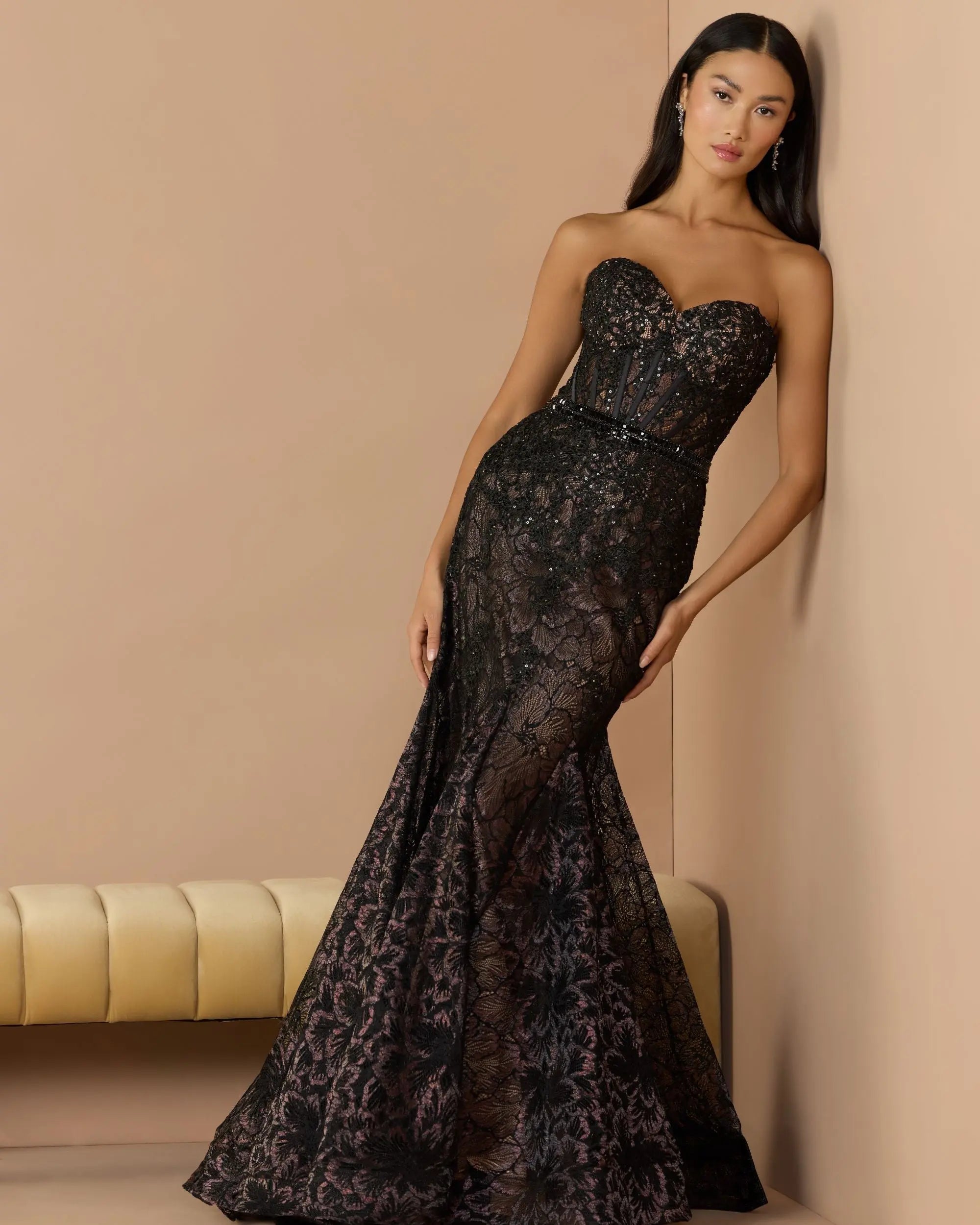 Black Embellished Lace Strapless Trumpet Gown
