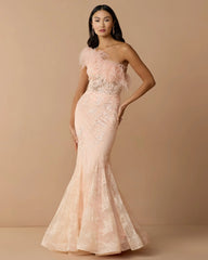 Pink One Shoulder Feather Embellished Mermaid Gown