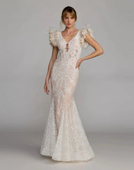 Ivory Embroidered Lace Mermaid Gown With Feather Sleeves