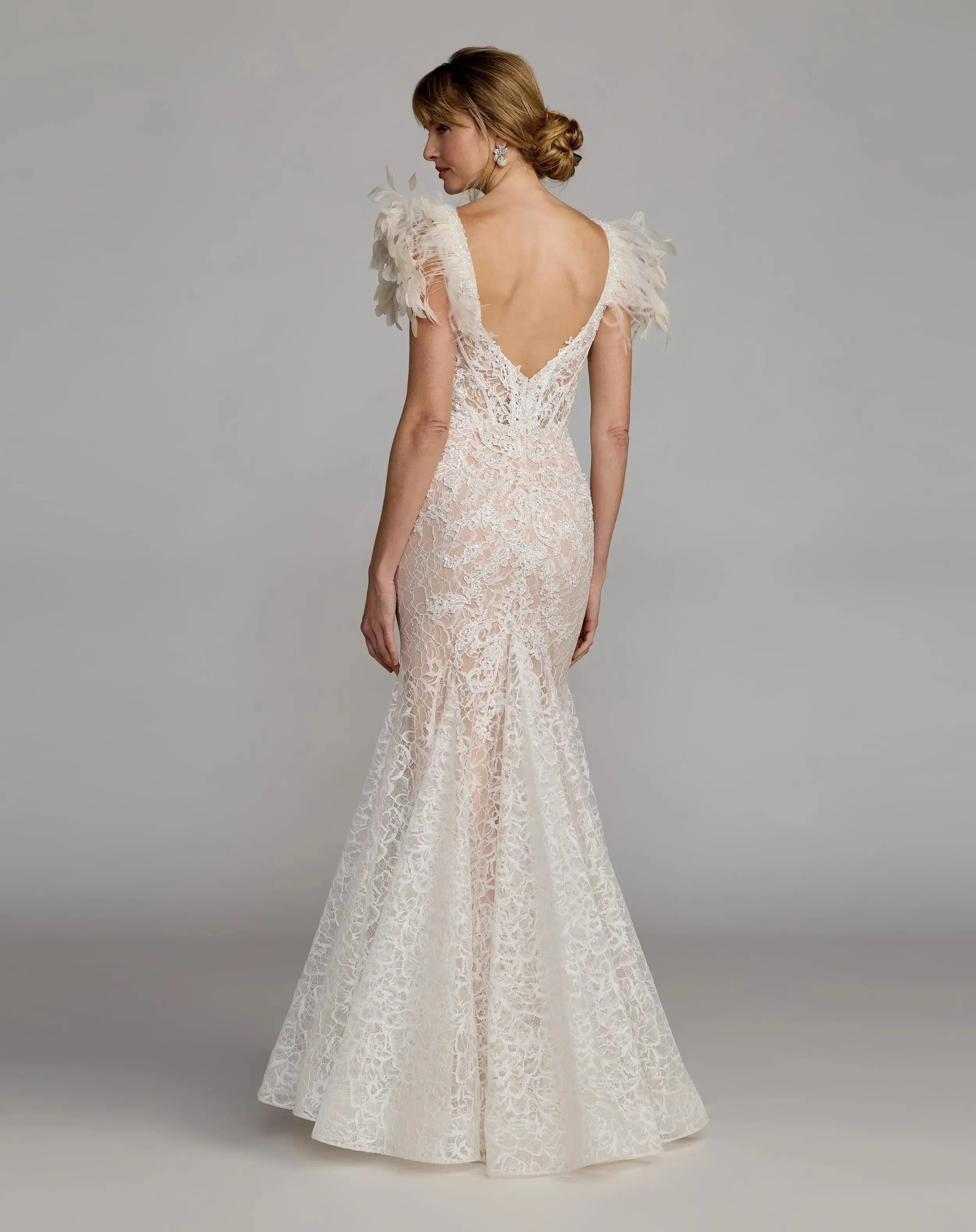 Ivory Embroidered Lace Mermaid Gown With Feather Sleeves
