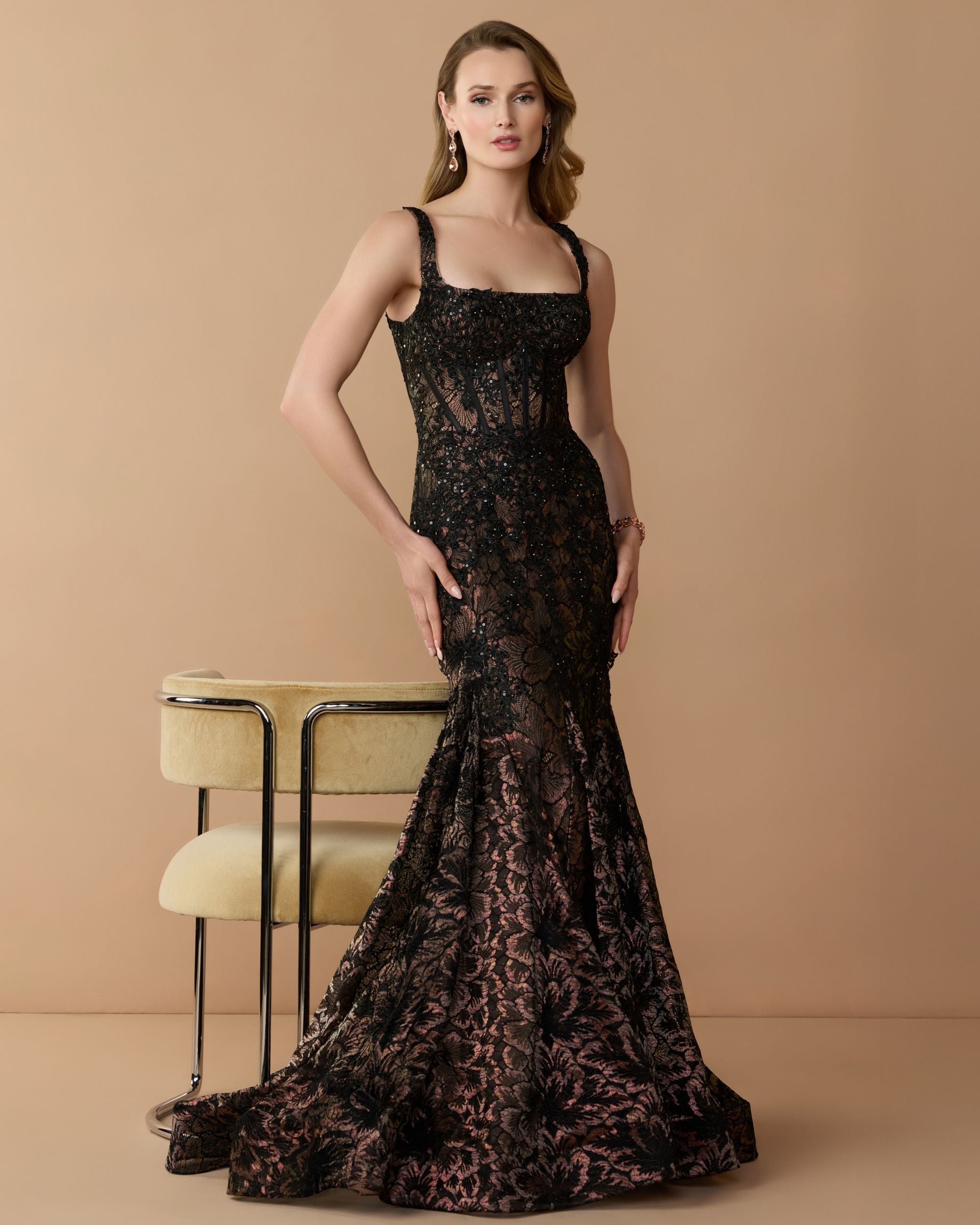 Black Sleeveless Embellished Lace Mermaid Gown