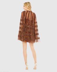 Brown Floral Print Long Flare Sleeve Mesh A-Line Dress - FINAL SALE