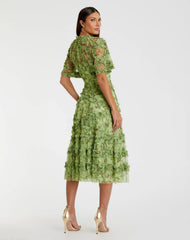 Green Floral Midi Dress with Ruffle Detailing