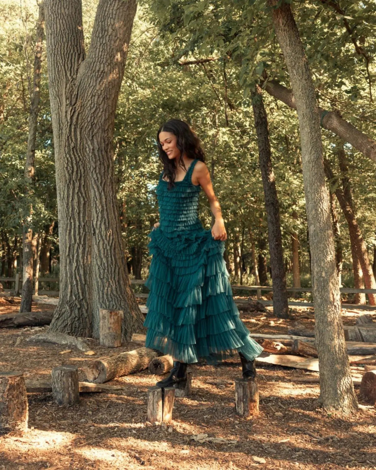 Teal Sleeveless Ruffle Layered Gown