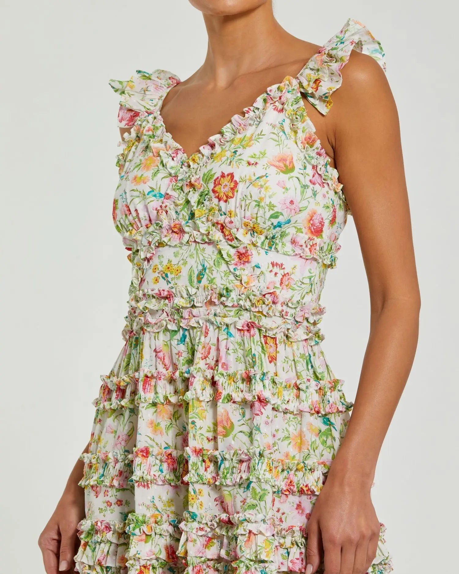 White Floral Tiered Ruffle Mini Dress
