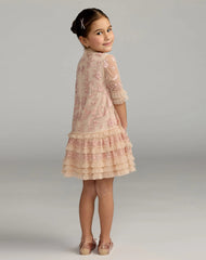 Girls Pink Micro Ruffle Embroidered Mini Dress