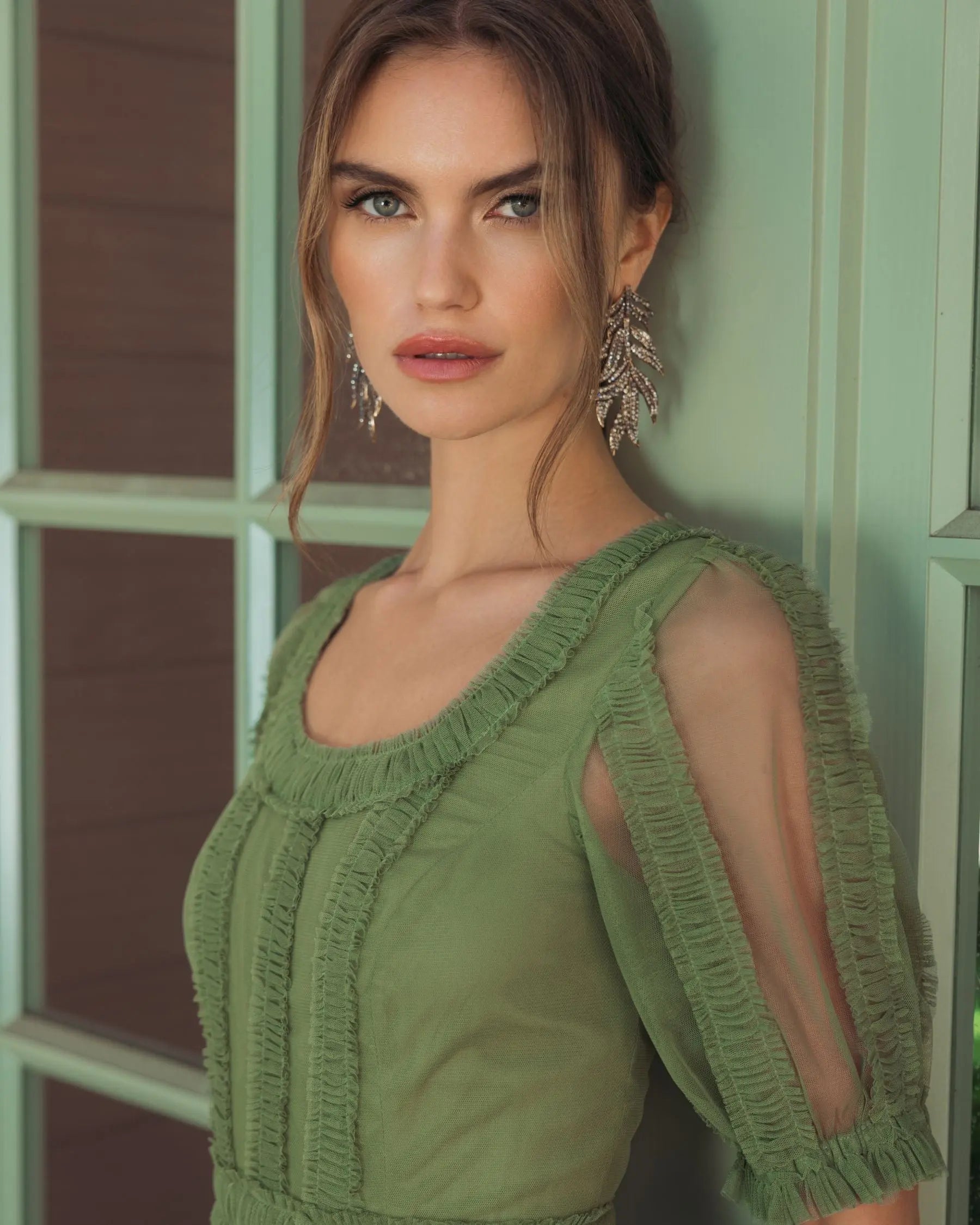 Green Short Sleeve Micro Ruffle Midi Dress