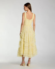 Yellow Scoop Neck Sleeveless Micro Ruffle Midi Dress