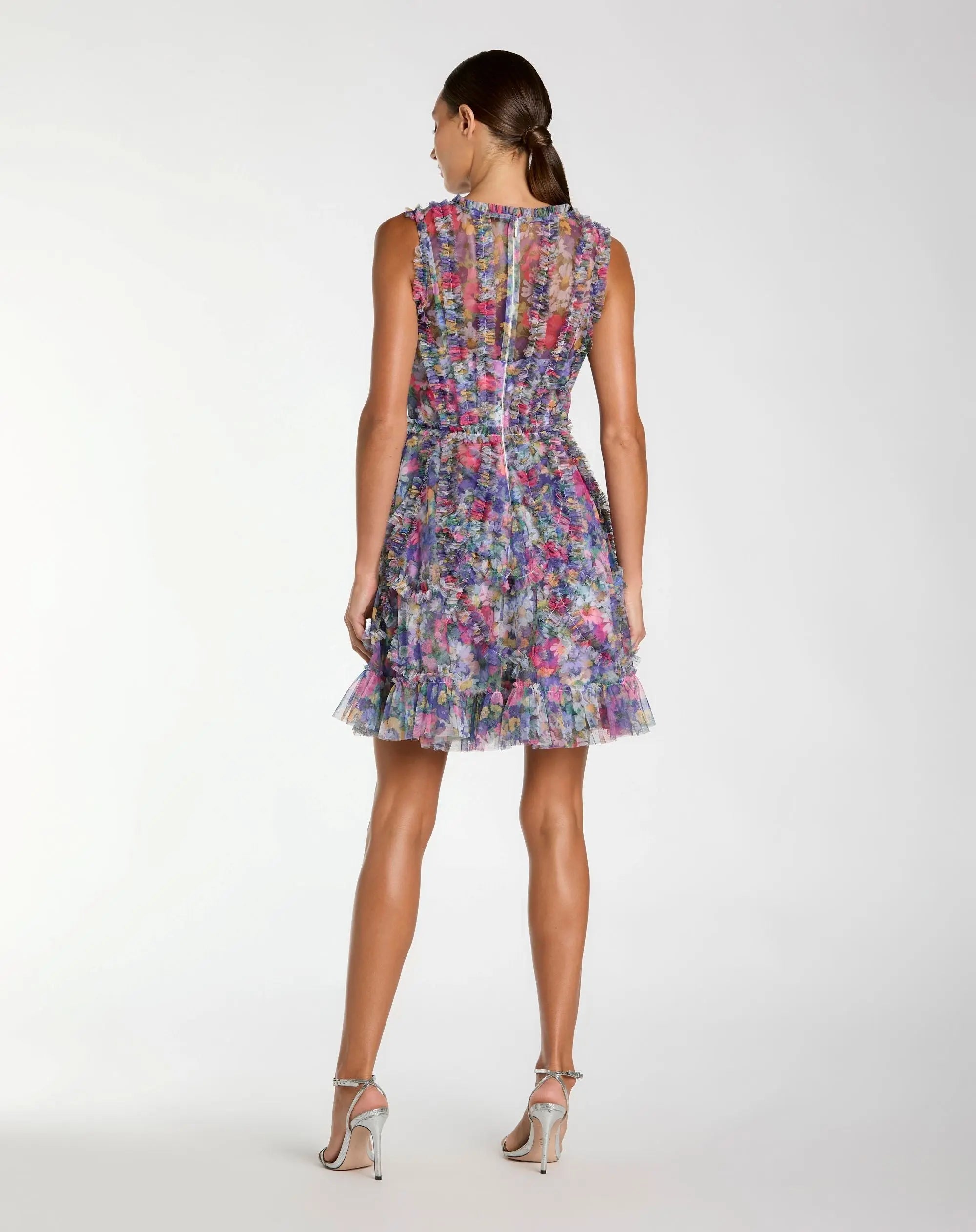 Purple Multicolor Micro Ruffle Floral A-Line Mini Dress