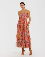 Multicolor Strapless Floral Ruffle Dress