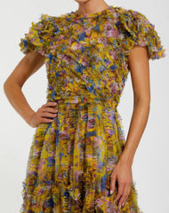 Yellow Micro Ruffle Floral Maxi Dress