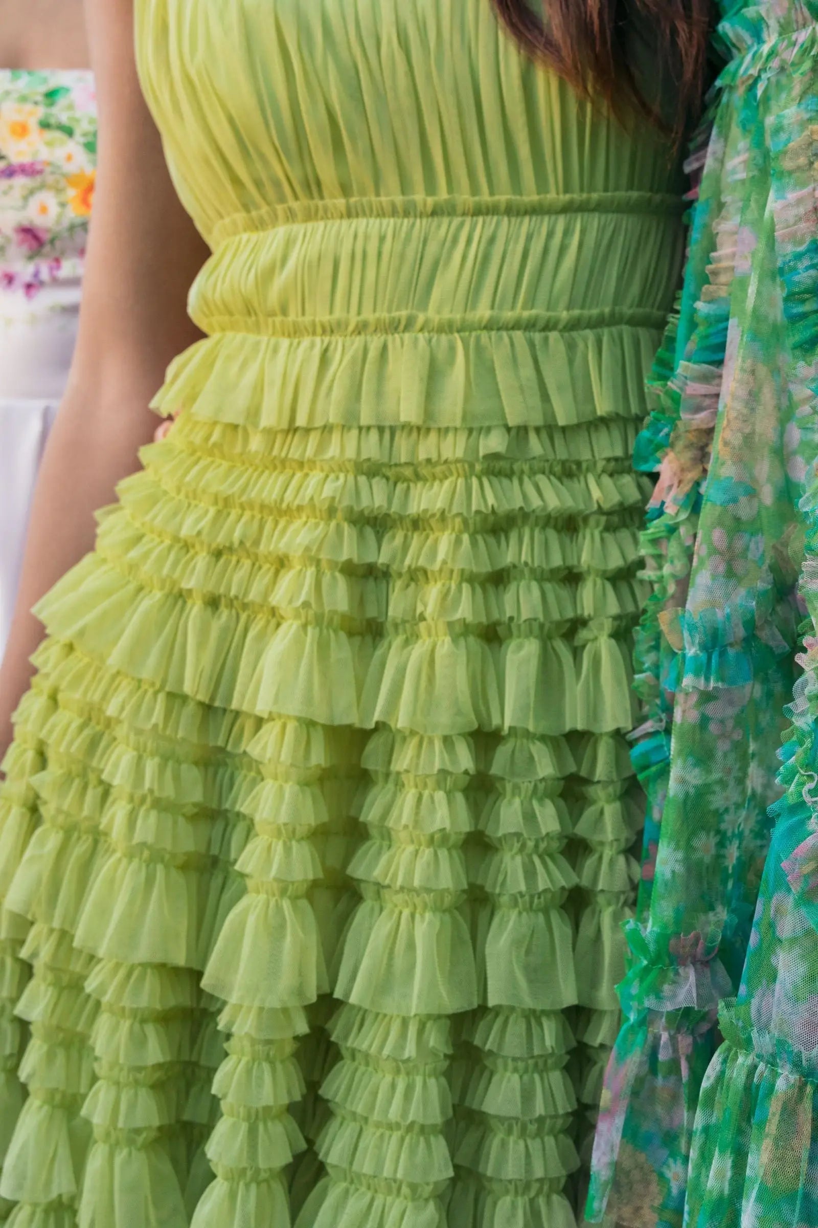 Green Micro Ruffle Sleeveless Scoop Neck Maxi Dress