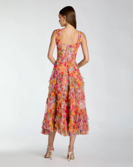 Multicolor Floral Scoop Neck A-Line Ruffle Midi Dress