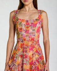 Multicolor Floral Scoop Neck A-Line Ruffle Midi Dress