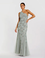 Green Open Back One Shoulder Embellished Trumpet Gown