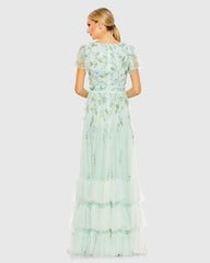 Green Ruffle Tiered Embellished Faux Wrap Flutter Sleeve Gown