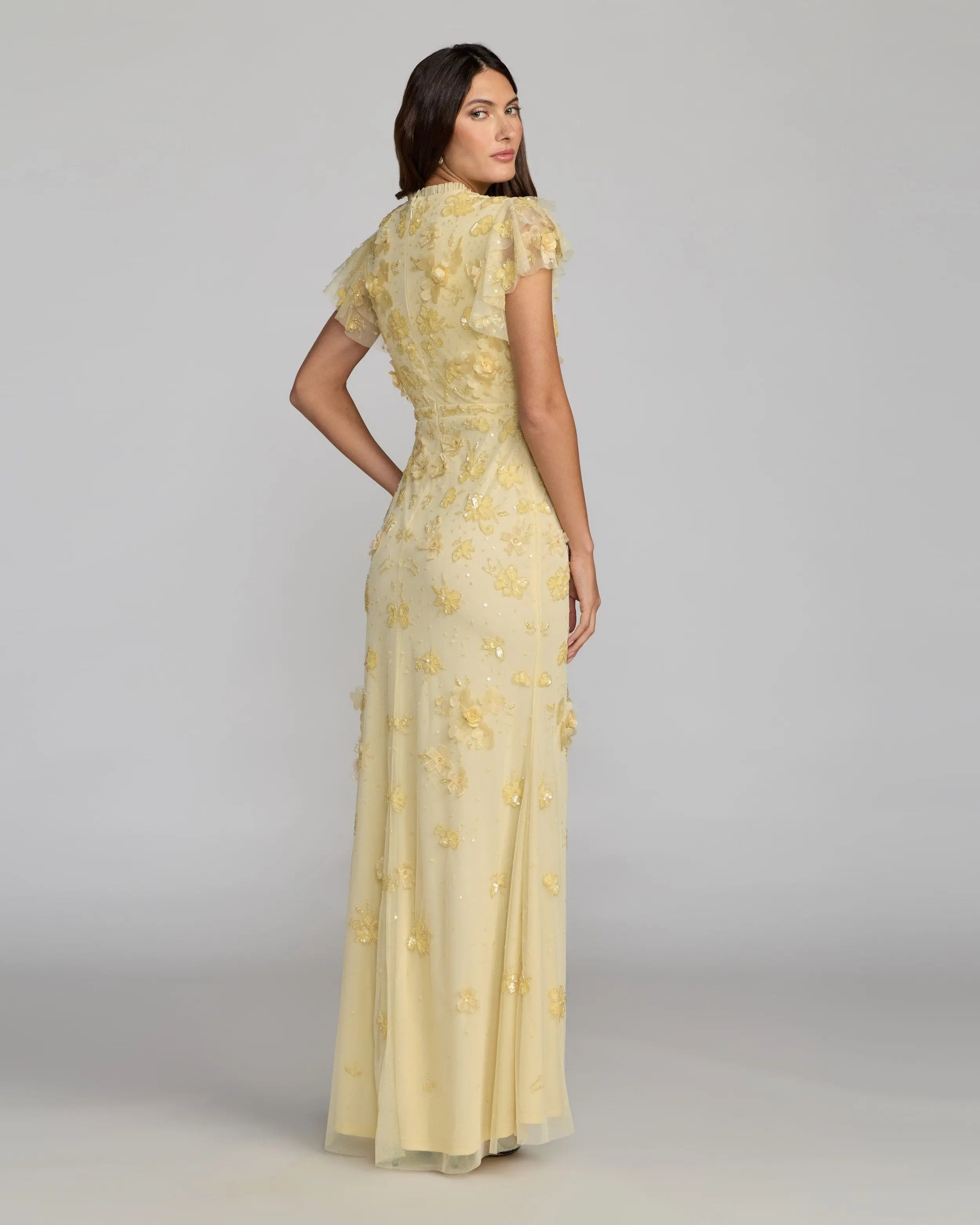 Yellow Floral Embellished High Neck Flutter Sleeve Gown