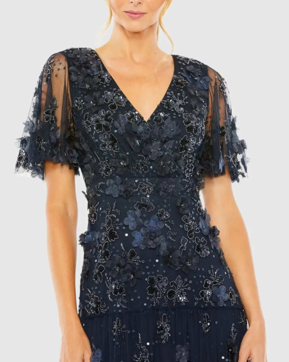 Navy Floral Embellished Flutter Sleeve Dress