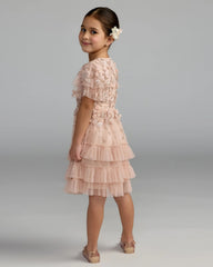 Girls Pink Embellished Flutter Sleeve Ruffle Gown