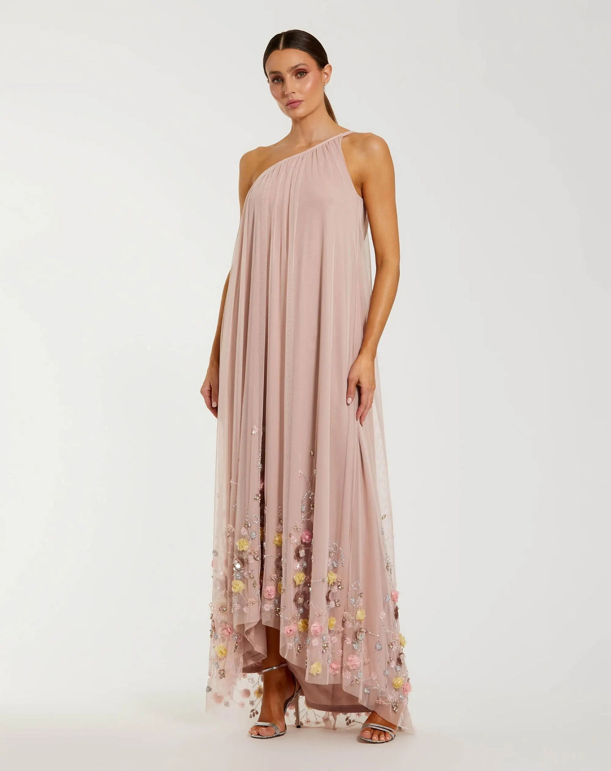 Pink One Shoulder High Low Embellished Trapeze Gown