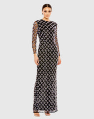 Black Long Sleeve Hand Beaded Crystal Rhinestone Gown - FINAL SALE