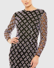 Black Long Sleeve Hand Beaded Crystal Rhinestone Gown - FINAL SALE