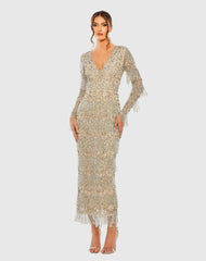 Beige V-Neck Beaded Fringe Embellished Sheath Dress