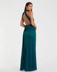 Petite Blue Sleeveless Open Back Satin Gown