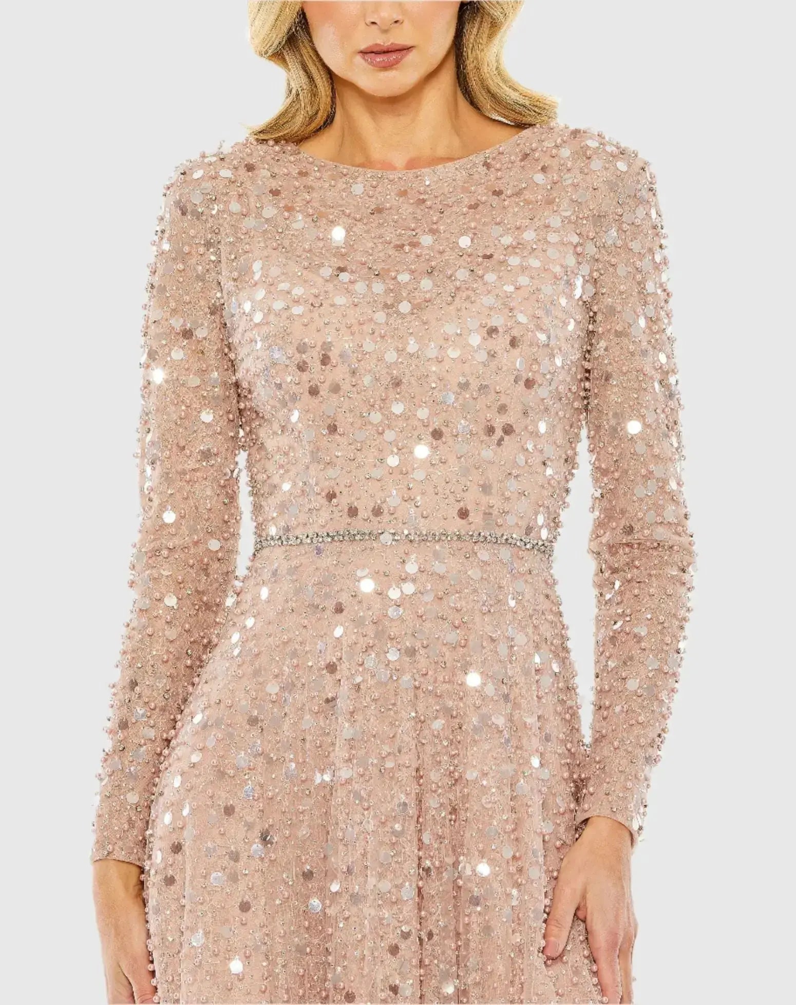 Petite Pink Disc Embellished Sequin Gown with Feather Detail