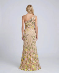 Petite Beige One Shoulder Lace Embroidered Gown