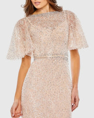 Pink Embellished Neck Butterfly Sleeve Trumpet Gown - FINAL SALE